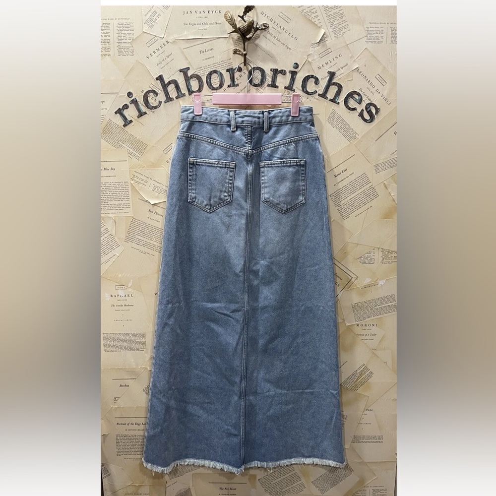 Anthropologie Pilcro Madi Front Slit Denim Maxi Skirt Raw Hem Positano WashBlue - Picture 7 of 7